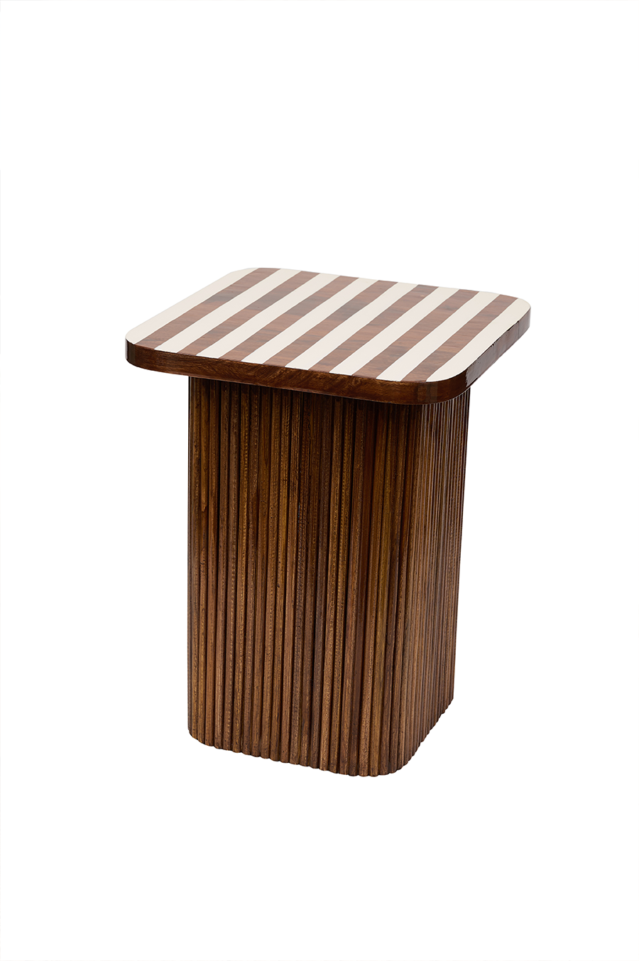 Warm Stripes — Ribbed Wood Accent Table with Hand-Painted Top