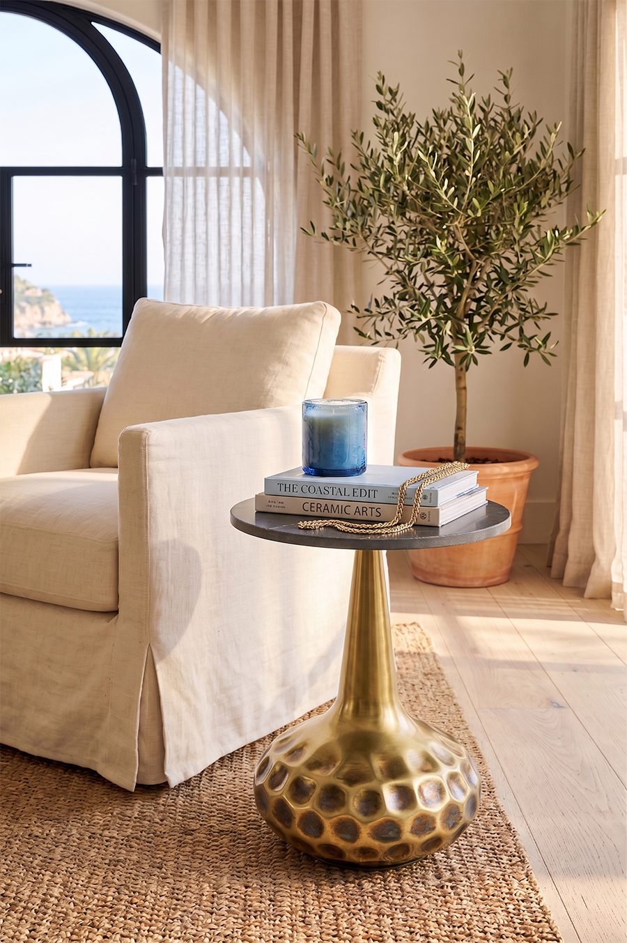 Golden Hour — Hammered Iron & Marble Pedestal Accent Table
