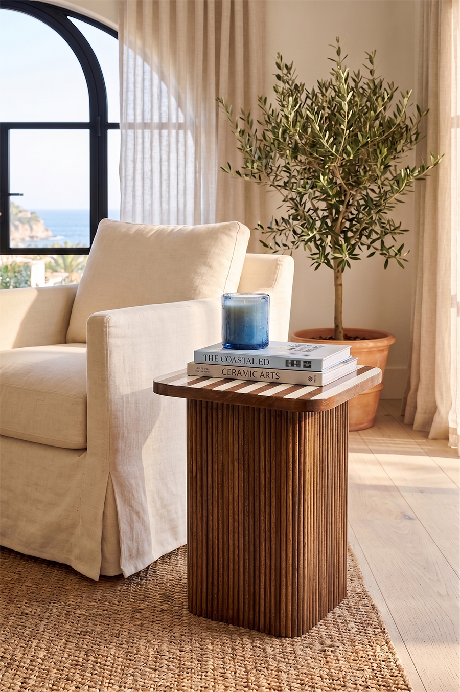 Warm Stripes — Ribbed Wood Accent Table with Hand-Painted Top