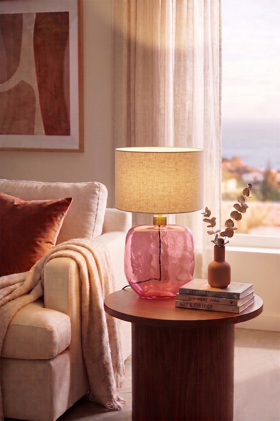 Red Smoke — Hammered Glass Table Lamp with Jute Shade