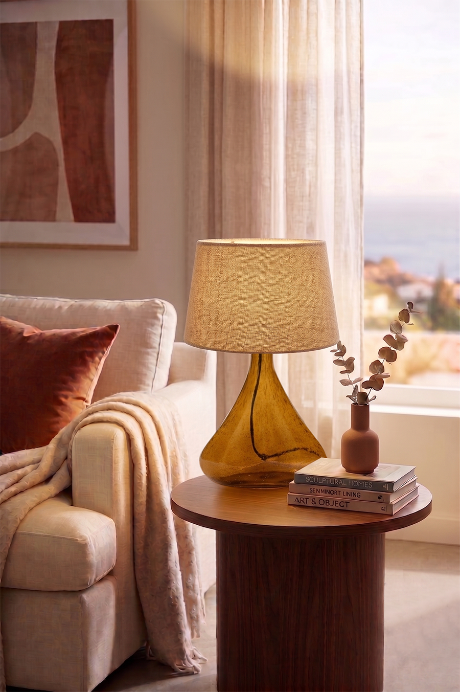 Amber Hour — Bubble Glass Table Lamp with Jute Shade