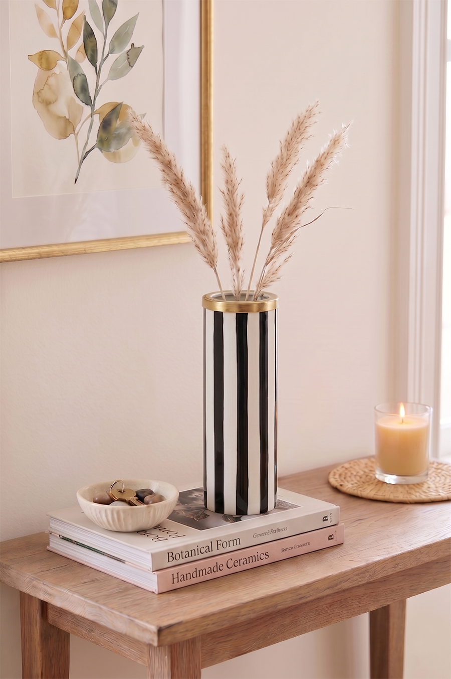 Monochrome Luxe — Striped Iron Vase with Gold Rim