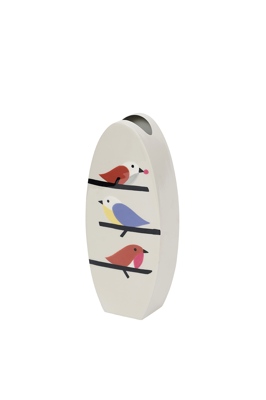 Three Little Birds — Hand-Painted Iron Vase in Grey & Multicolour